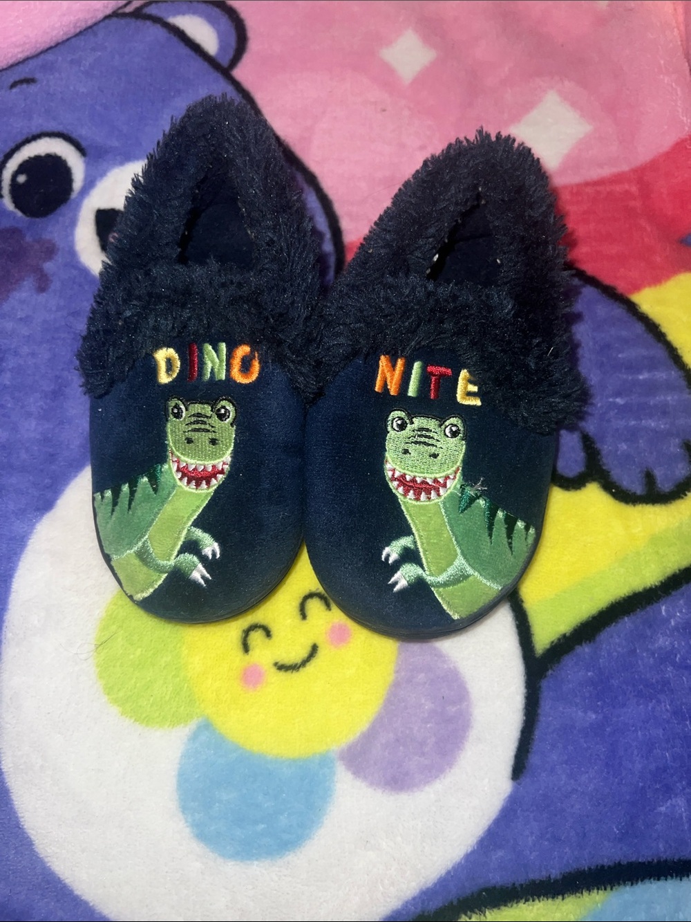 Kids Dino Night Slippers - Navy Plush